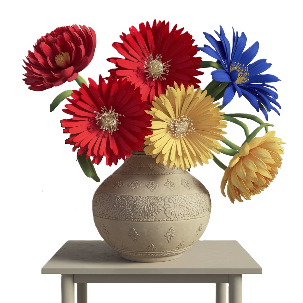 Un vase avec trois fleurs rouges, deux fleurs jaunes et une fleur bleue