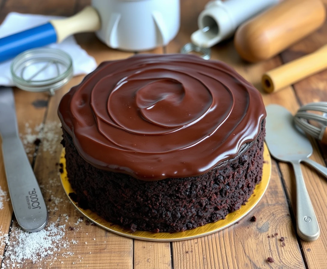 Gâteau au chocolat avec des ustensiles de cuisine